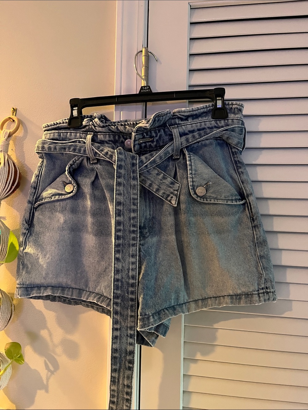 Veronica Beard Light Blue High-Waist Paperbag Denim Shorts with Tie